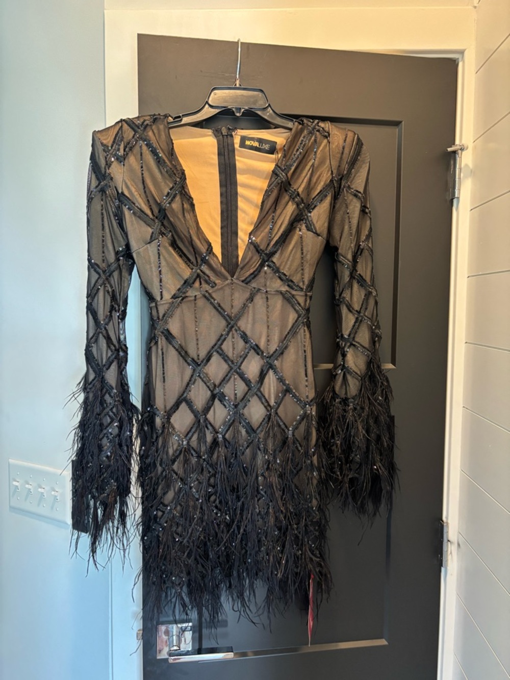 Fashion Nova Luxe Amber Deep V Embellished Feather Trim Mini Dress Black Small - Picture 5 of 11